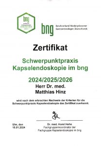 bng Schwerpunktpraxis Kapselendoskopie Zertifikat