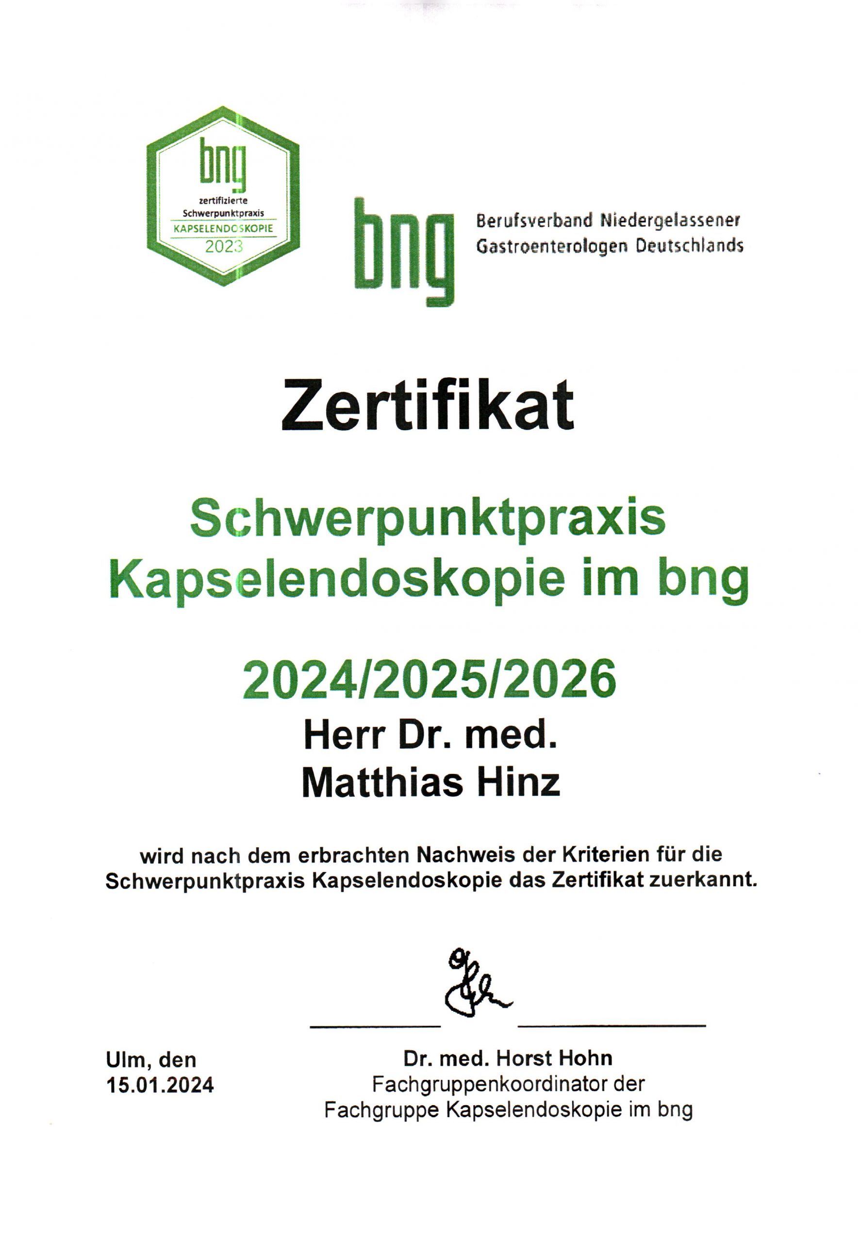 bng Schwerpunktpraxis Kapselendoskopie Zertifikat