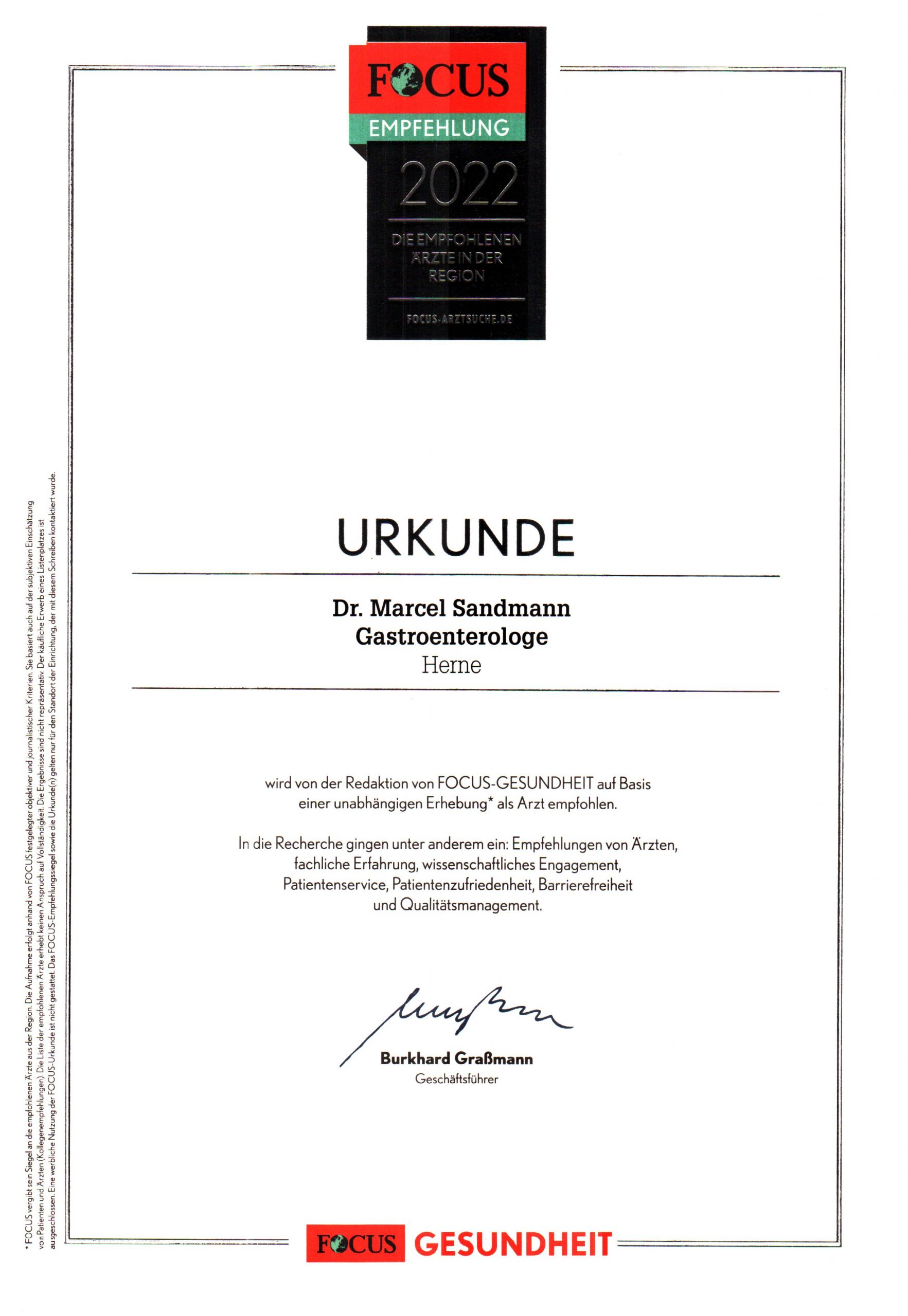 Urkunde Focus Dr. Sandmann