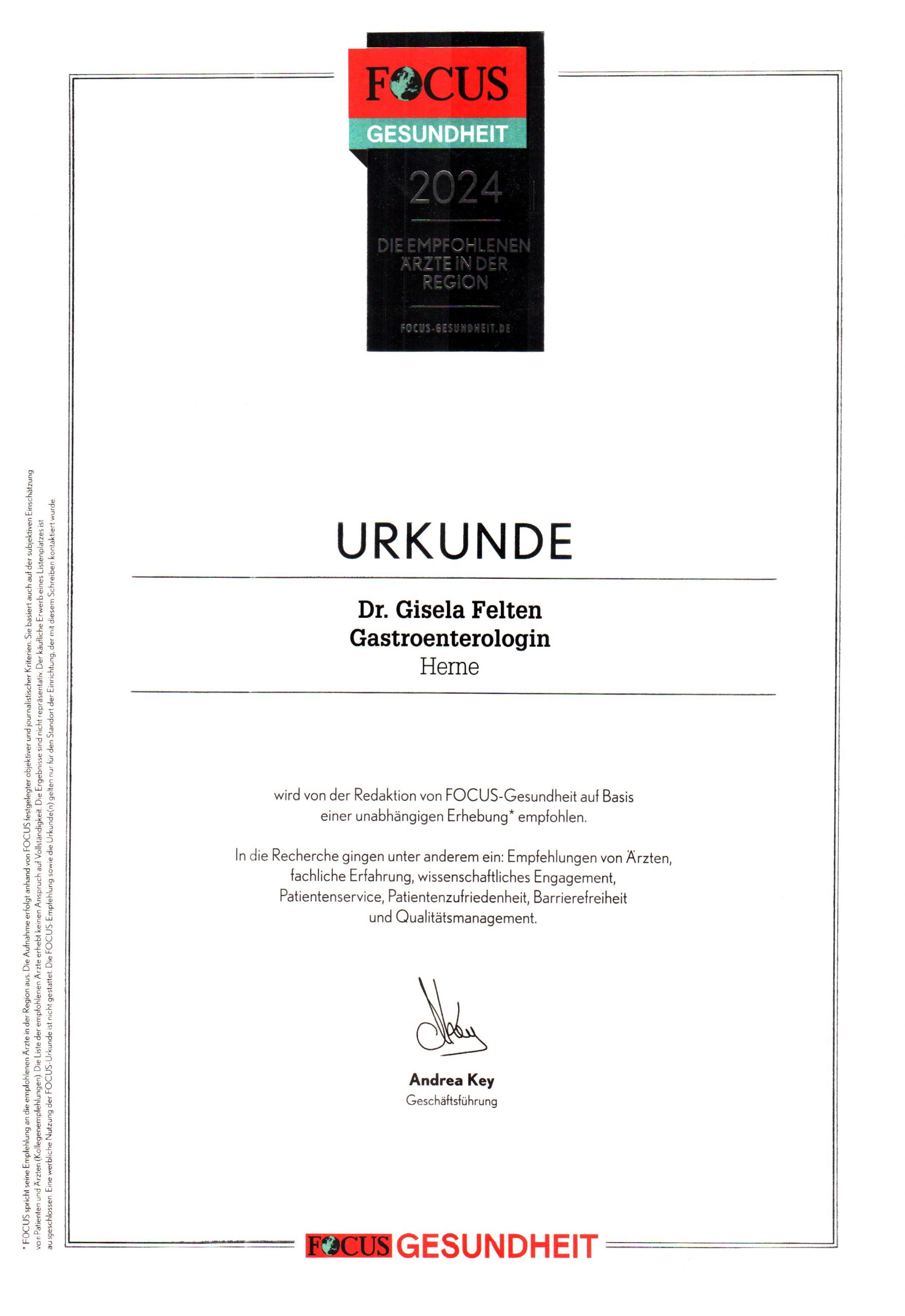 Urkunde Focus Dr. Gisela Felten