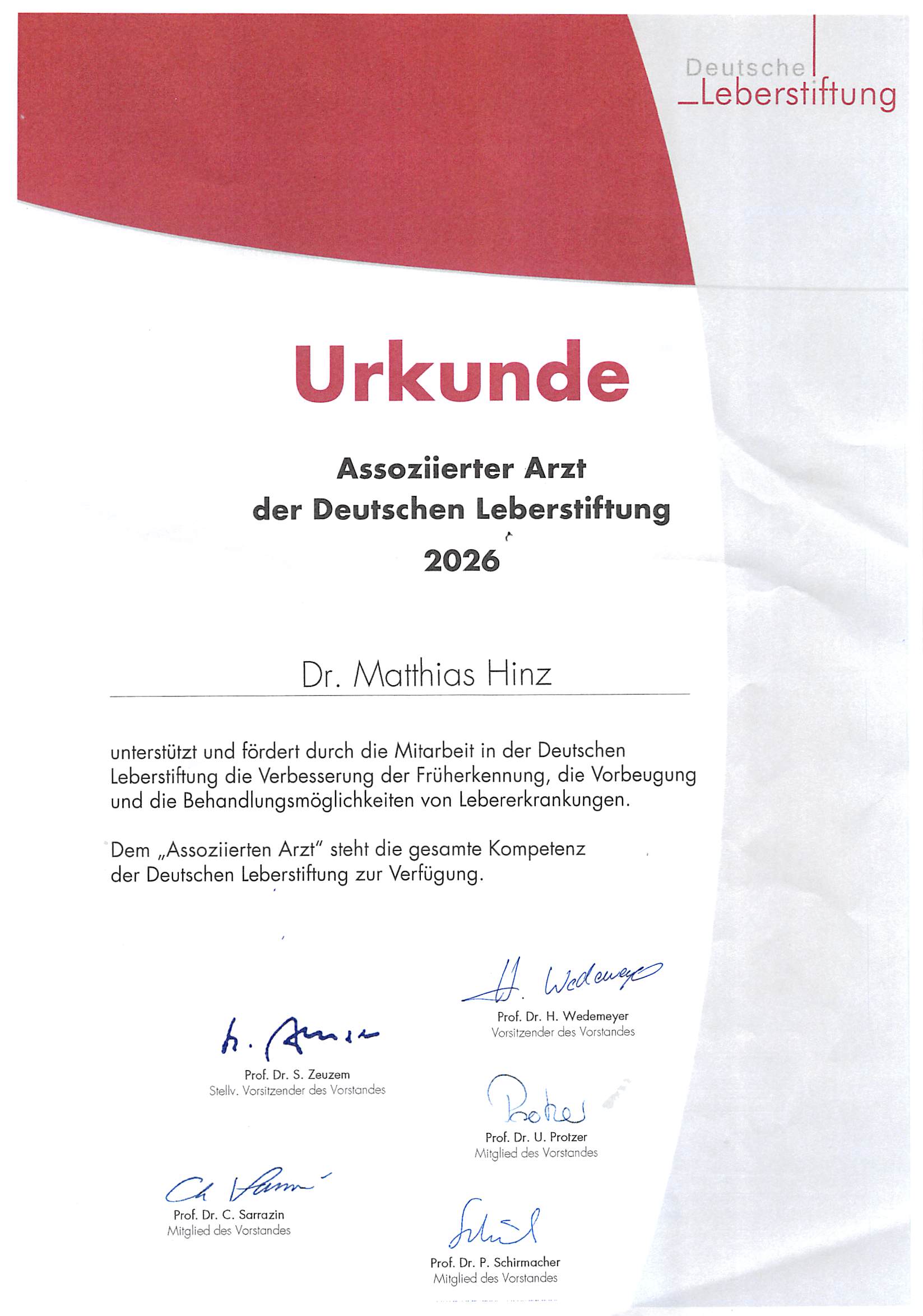 Urkunde deutsche Leberstiftung Dr. Hinz