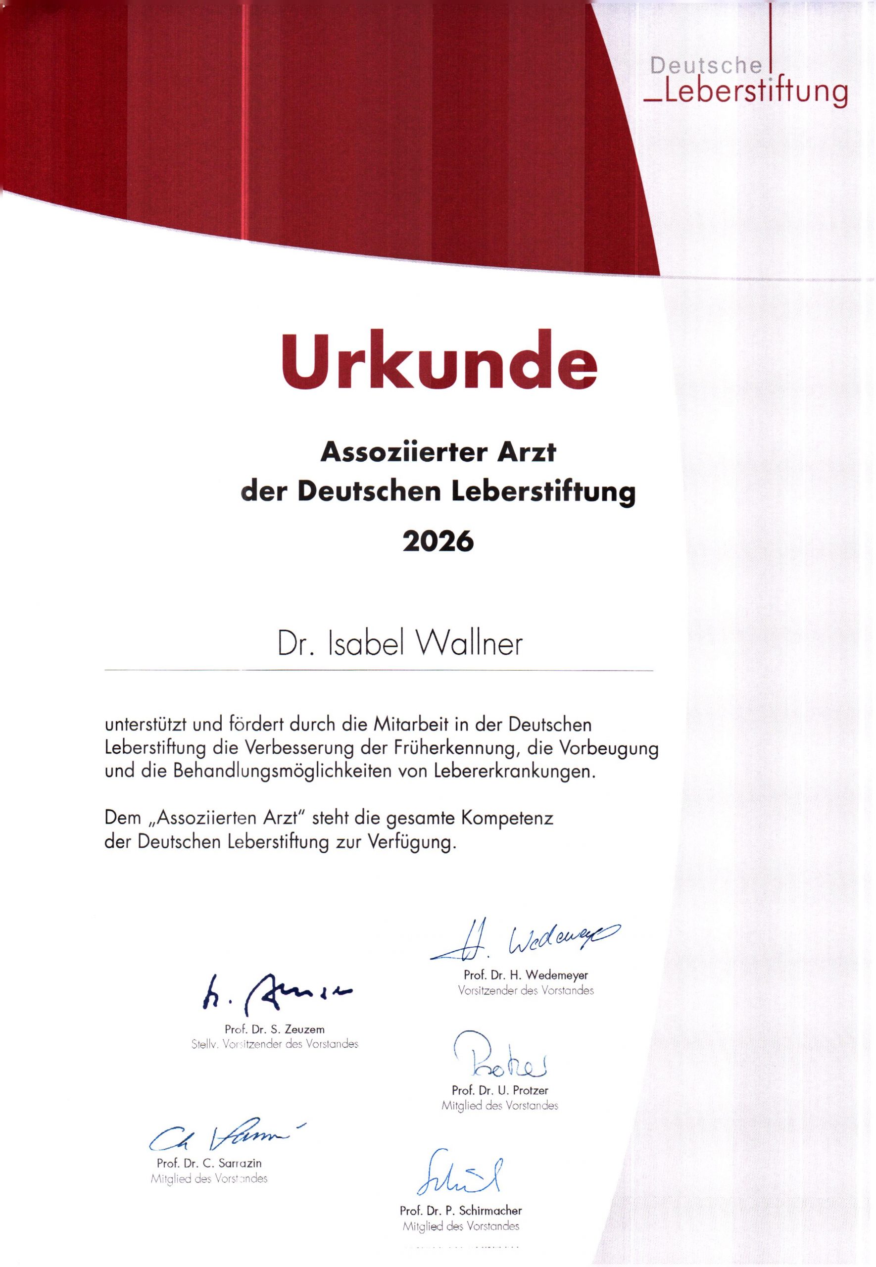 Urkunde deutsche Leberstiftung Dr. Wallner